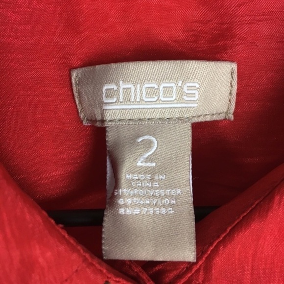 CHICOS Sheer Red Top Button Up Long Sleeve Crinkle Lightweight Size 2 Large - Picture 6 of 9